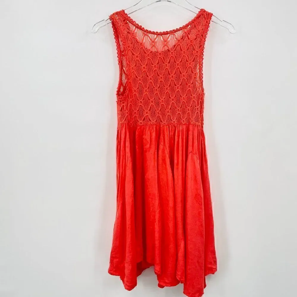 Free People Size XS Fiesta Coral Pink Crochet Lace Boho Sleeveless Mini Dress